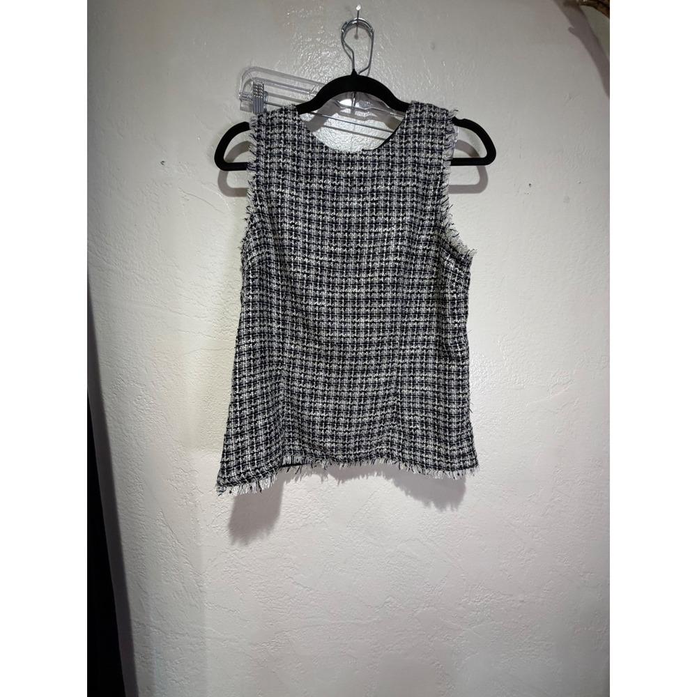 Ann Taylor Petite Tweed Shell Top‎ Black White Frayed Edge Sleeveless 8P 501693